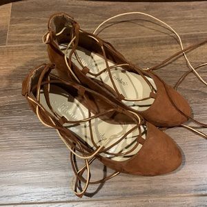 Athena Alexander tie up leg brown suede heel shoes